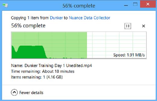 图1. 在Windows 8传输大文件到网络文件共享时，文件传输进程在开始的时候非常快，然后速度会明显下降